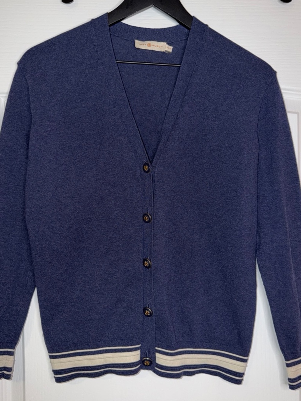 Tory Burch Women's Navy Blue V‑Neck Button Cardigan with Stripe Hem